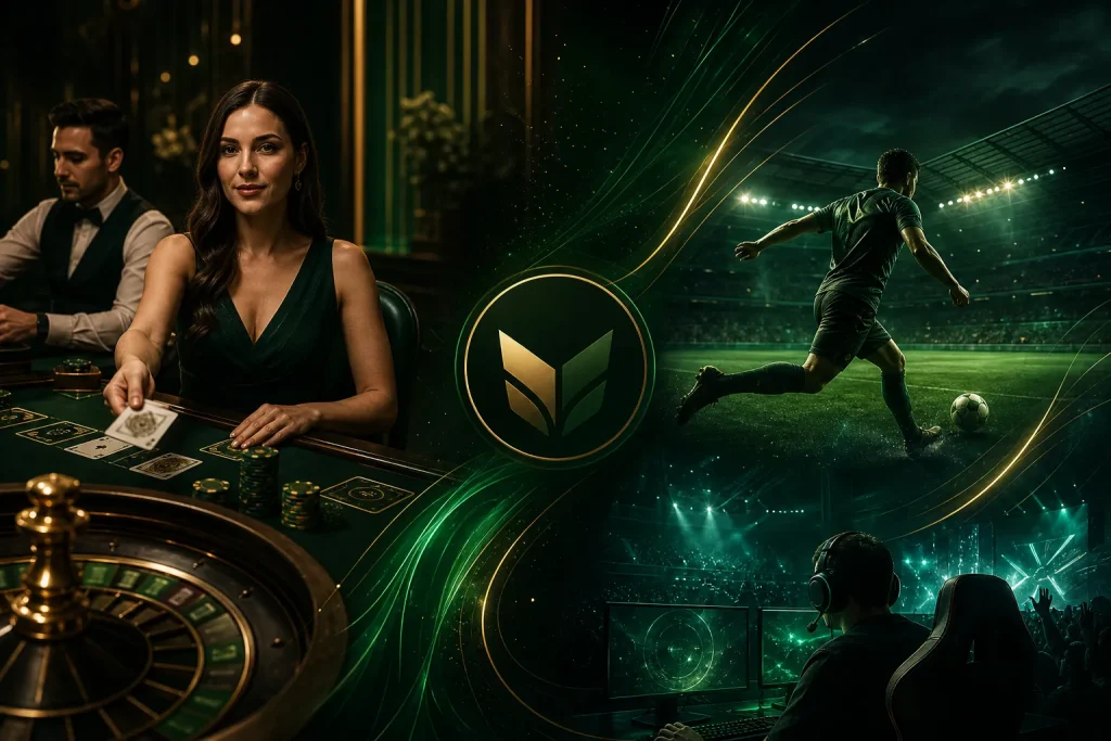 Categorias de cassino, ao vivo e apostas esportivas com aviso de risco.