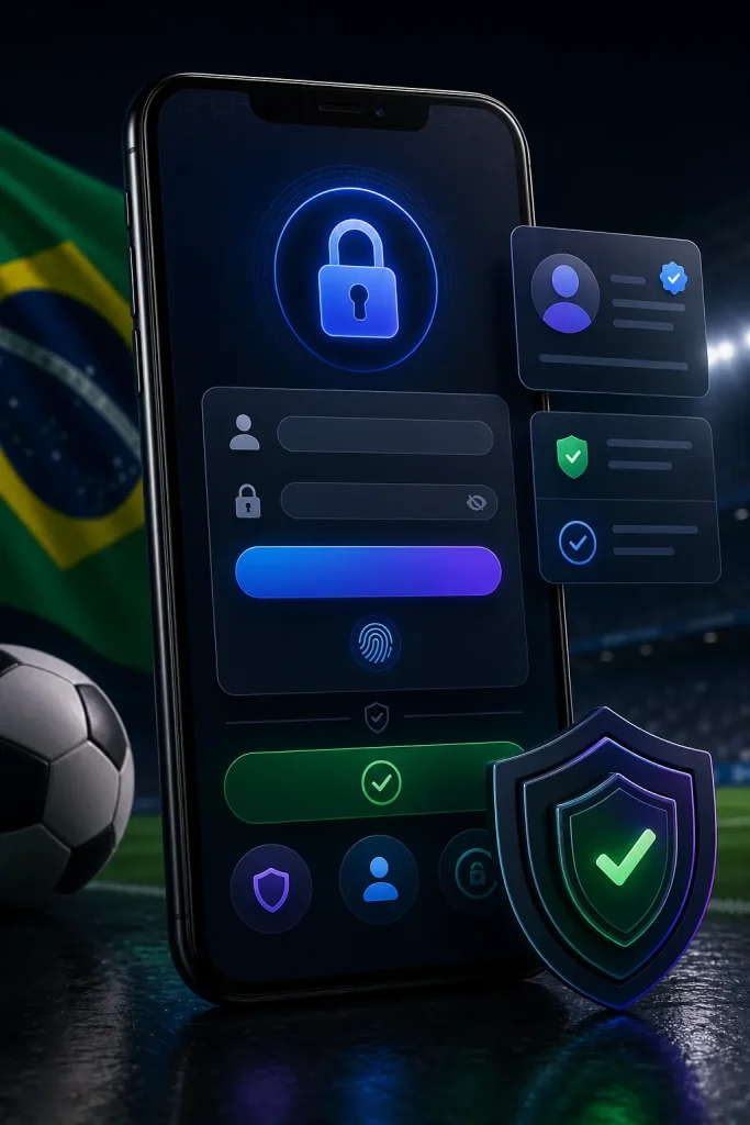 Tela conceitual de acesso com senha, celular e alerta de segurança.