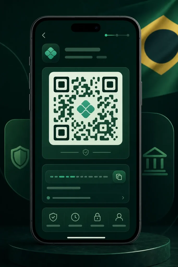 Fluxo de Pix com QR Code, copia e cola, app bancário e status.